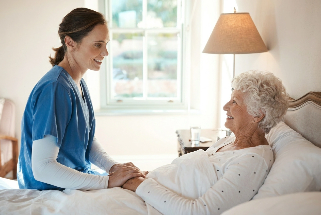 old woman on bedrest smiles at her kind nurse